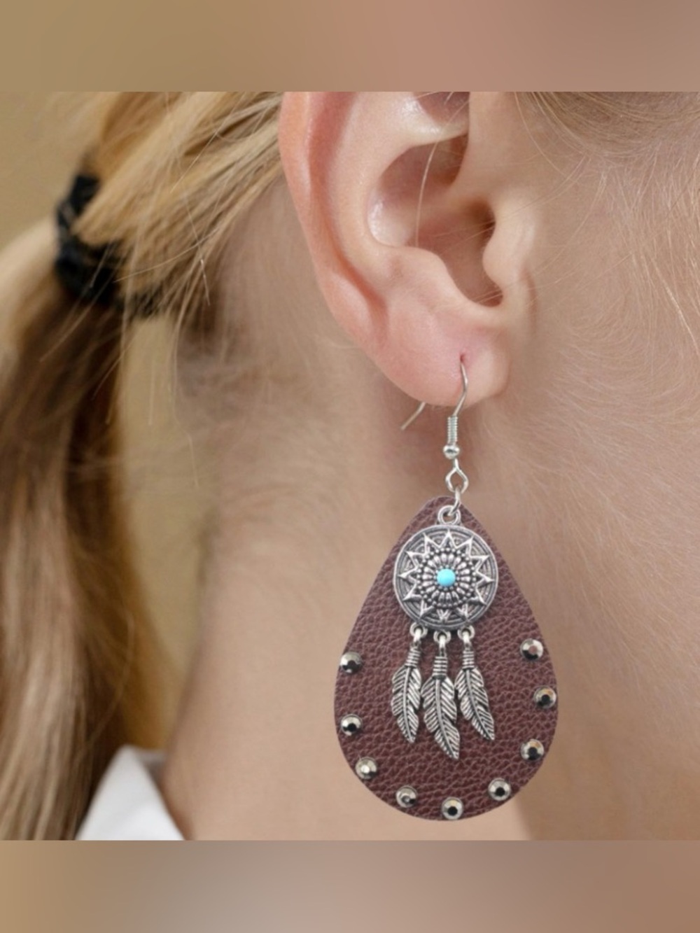 New JULIET  Boho Leather Teardrop Dreamcatcher Earrings - Brown